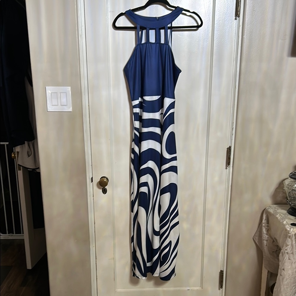 Blue and White Halter Backless Cocktail Dress